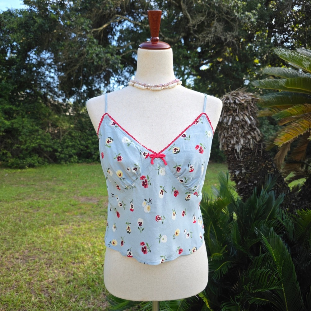 Gap x Doen Cropped Cami Size M Light Blue Floral Cottagecore Romantic Bow